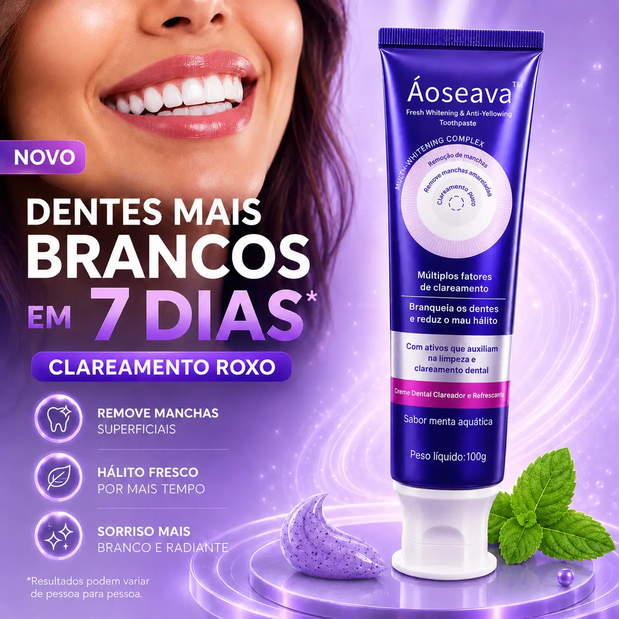 Pasta Roxa Clareadora Áoseava — creme dental clareador com tecnologia violeta